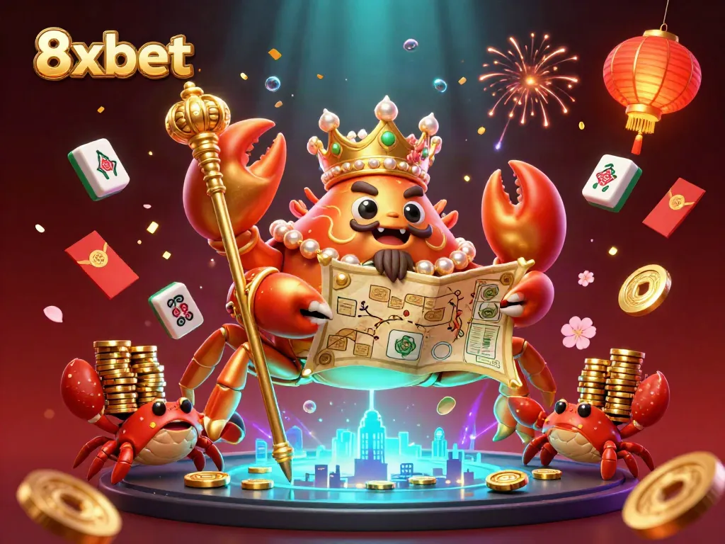 Experience thrilling adventures with 8xbet as a massive golden crab emperor commands a vibrant digital casino realm.