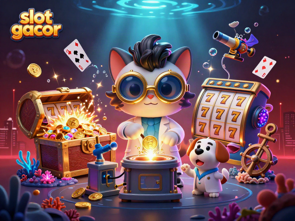 Engage with slot gacor excitement through a vibrant casino-themed illustration featuring dynamic characters.
