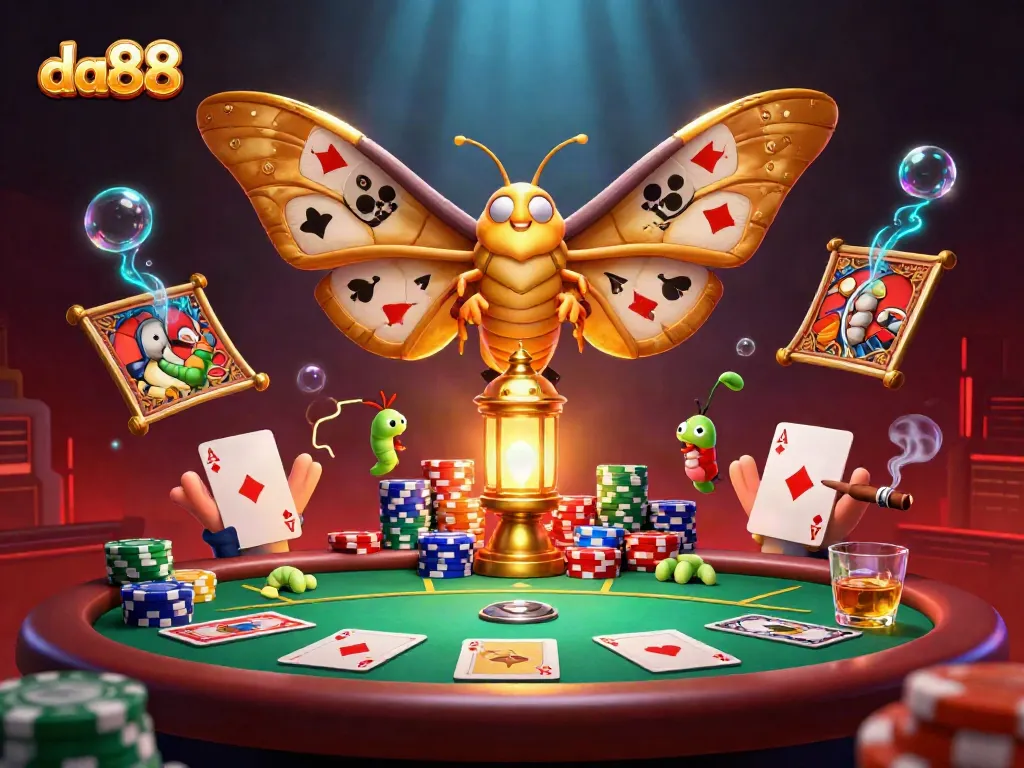 Experience the vibrant casino atmosphere at da88 with a stunning illustration of a golden moth and casino elements.