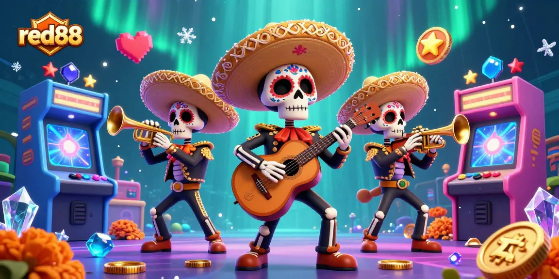 Watch the vibrant red88 casino scene with a lively mariachi band surrounded by retro arcade game elements!