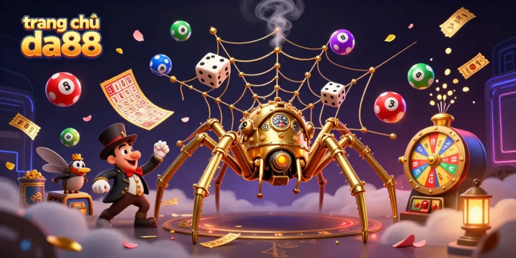 Engage with the exciting world of trang chủ da88, featuring a steampunk spider in a vibrant casino landscape.