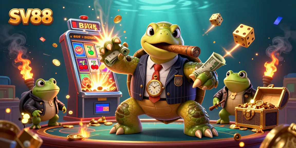 Experience thrilling gameplay at SV88 with a whimsical casino scene featuring a snapping turtle and bullfrog enforcers.