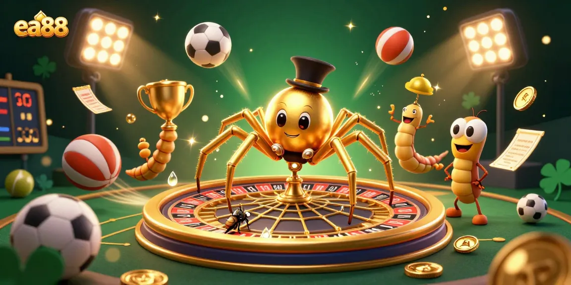 ea88 immersive illustration of a spider and centipede in a vibrant casino web scene
