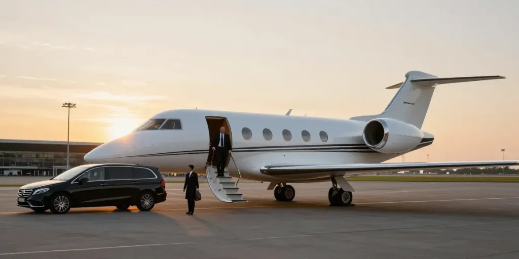 Luxury private jet rental Amsterdam at sunset with passengers arriving.