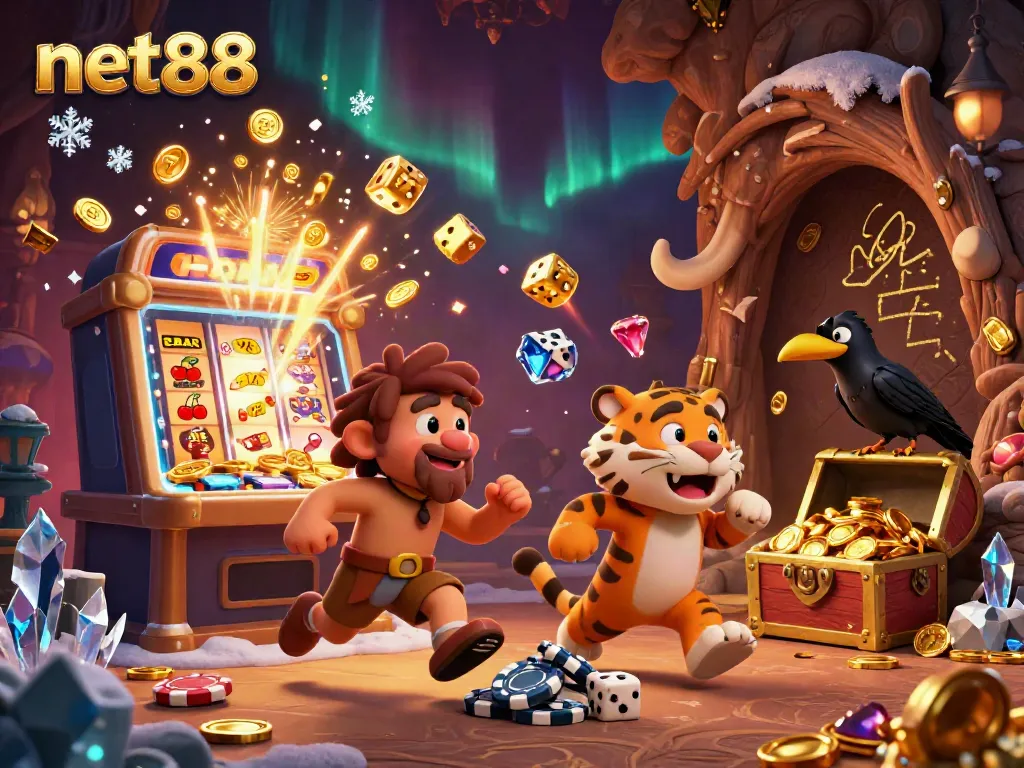 Experience the vibrant casino atmosphere at net88 with caveman and sabertooth characters amidst dynamic gaming elements.