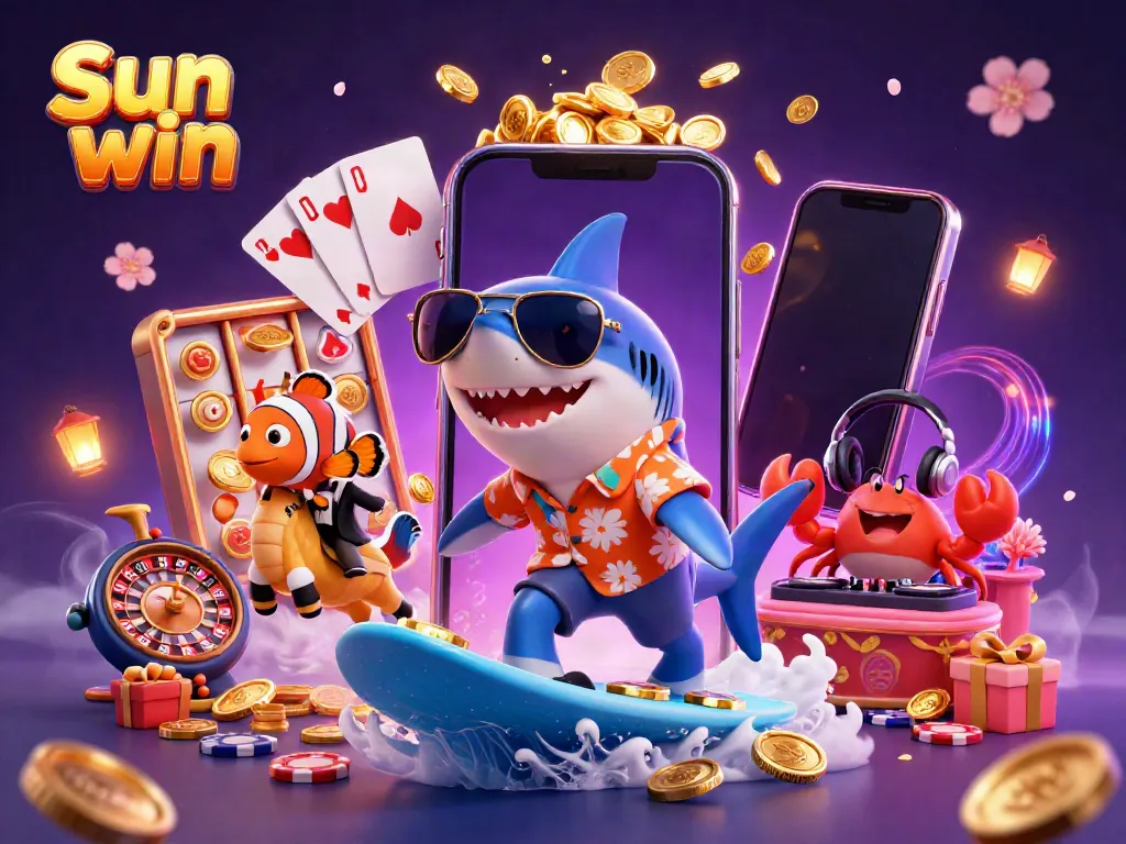 Experience the thrill of Sun win with vibrant 3D characters and casino games in a dynamic scene.