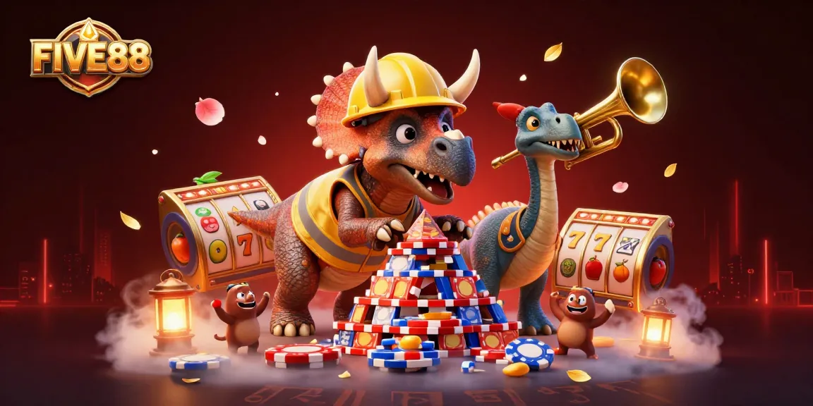 Experience winning with FIVE88 at this vibrant online casino illustration featuring engaging gaming elements.