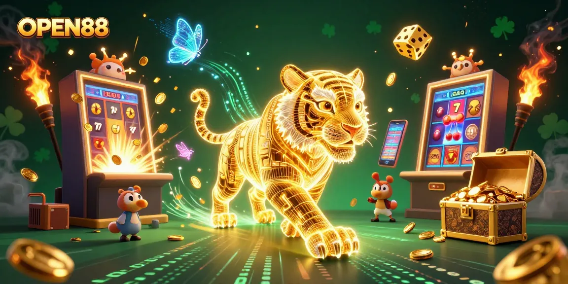 Experience thrilling wins at OPEN88 with golden tiger and jackpot excitement in a vibrant casino scene.