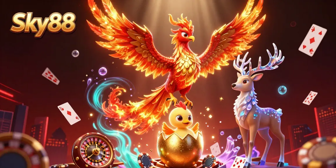 Experience thrilling gaming excitement with Sky88, featuring vibrant casino elements and characters.