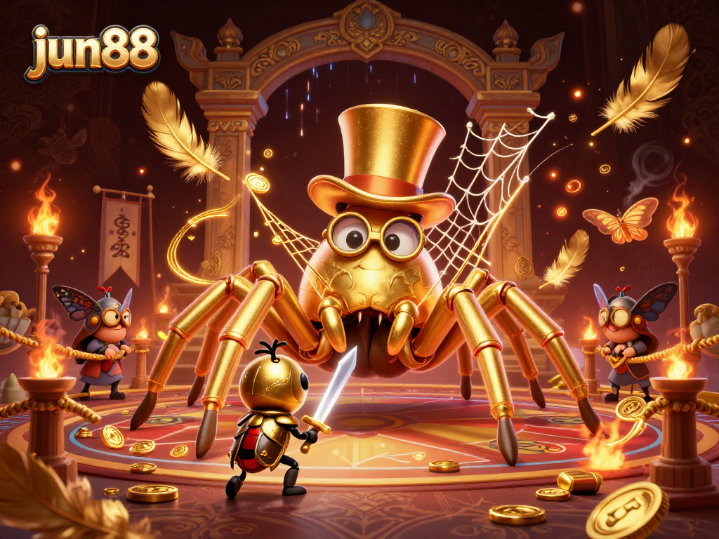 Engage with jun88's dynamic casino scene featuring a golden tarantula and a brave beetle knight.