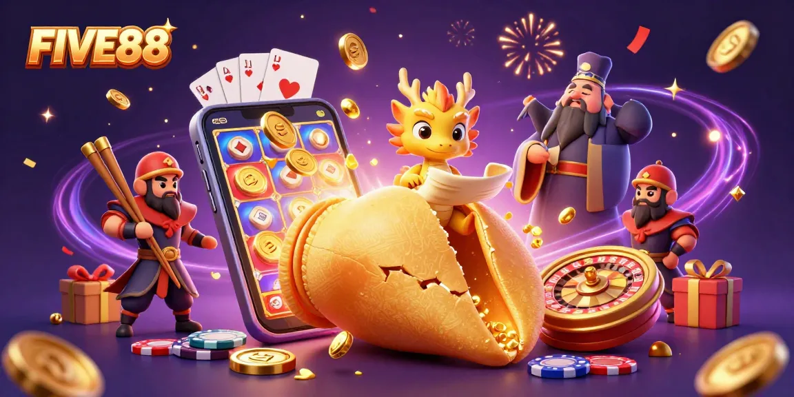 Engage with FIVE88's thrilling atmosphere featuring dynamic casino elements and vibrant characters.