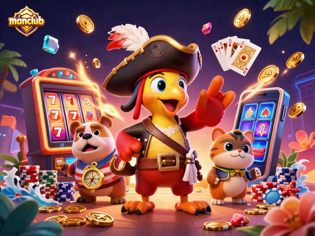 Engage in thrilling gameplay with manclub's vibrant casino scene featuring slot machines and lively characters.