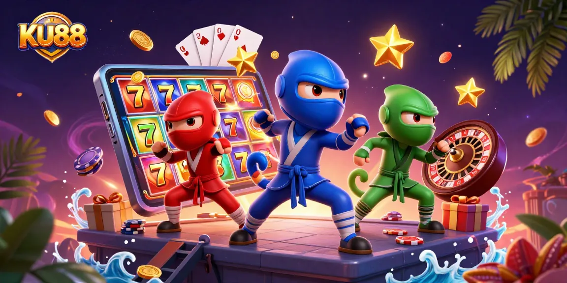 KU88 showcases a vibrant scene of a ninja chameleon team with slot machines and casino elements.