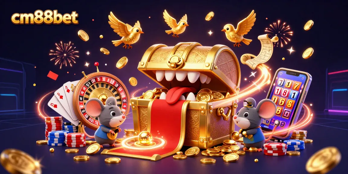 Experience big wins at cm88bet with a vibrant 3D casino scene filled with treasures and gaming excitement.