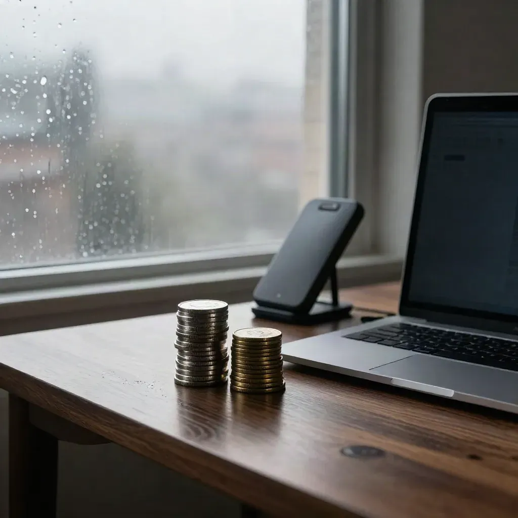 Muntstapels bij een regenraam, telefoon op standaard en gesloten laptop op een houten bureau.