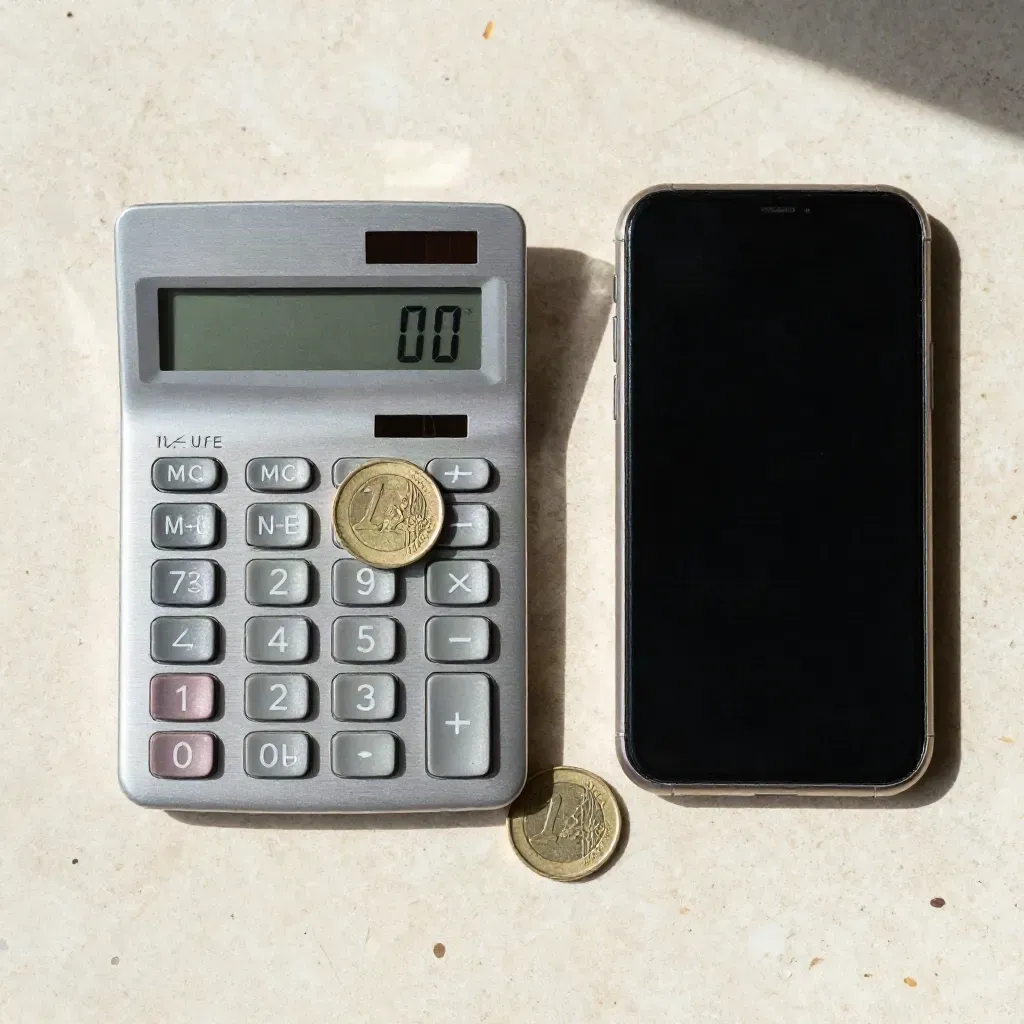 Bovenaanzicht van een rekenmachine, euromunten en een smartphone op lichte steen.