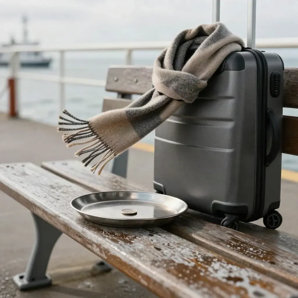 Koffer, sjaal en muntbakje op stationbankje in wind bij de veerboot.