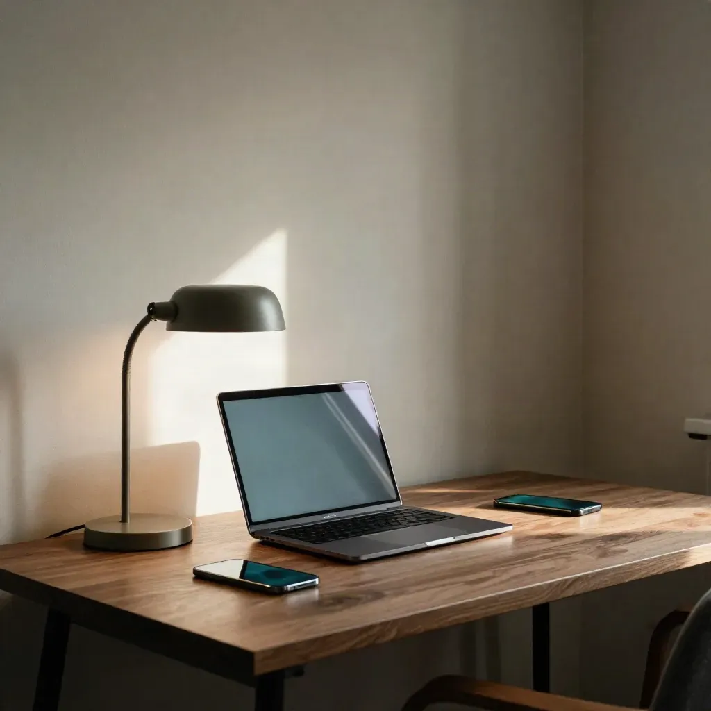 Donkere studeerkamer met gesloten laptop, dim bureaulamp en telefoon met beursgloed.