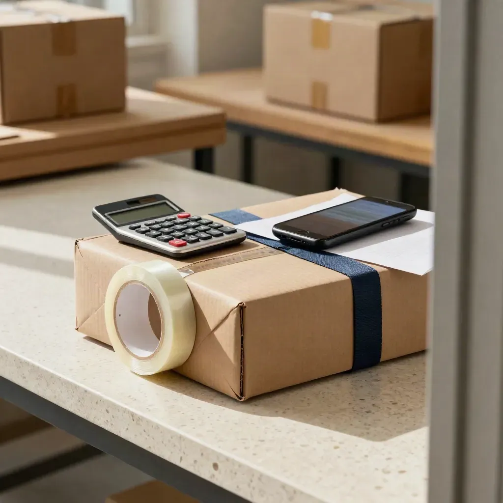Half ingepakt pakket op een inpaktafel met tape, rekenmachine en telefoon bij zacht daglicht.