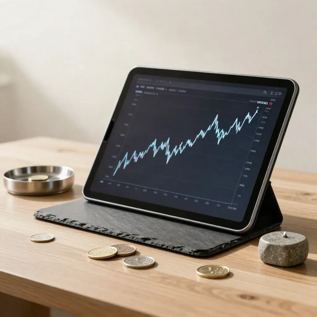 Tablet met stijgende koerslijn en munten op een lichte werkplek