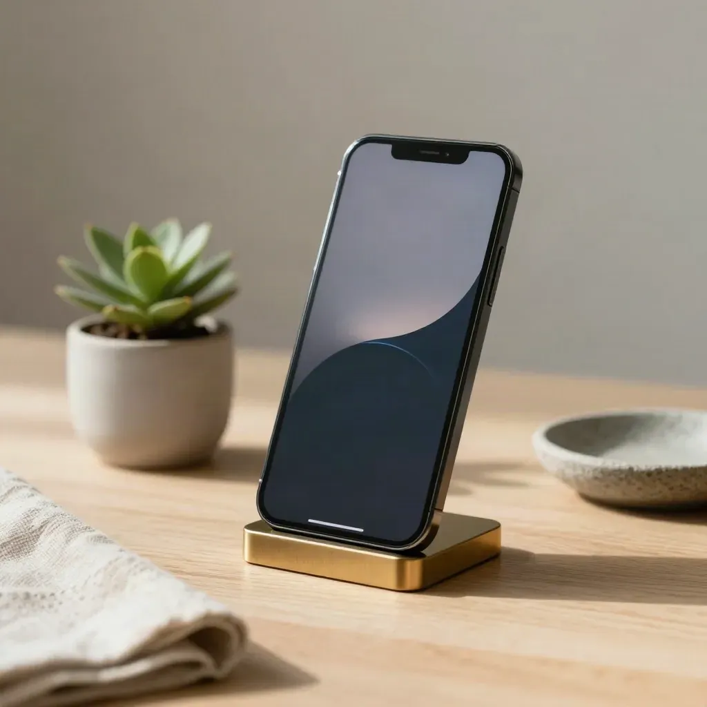 Matte zwarte smartphone op messing standaard met plantje, linnen en stenen schaal op licht hout