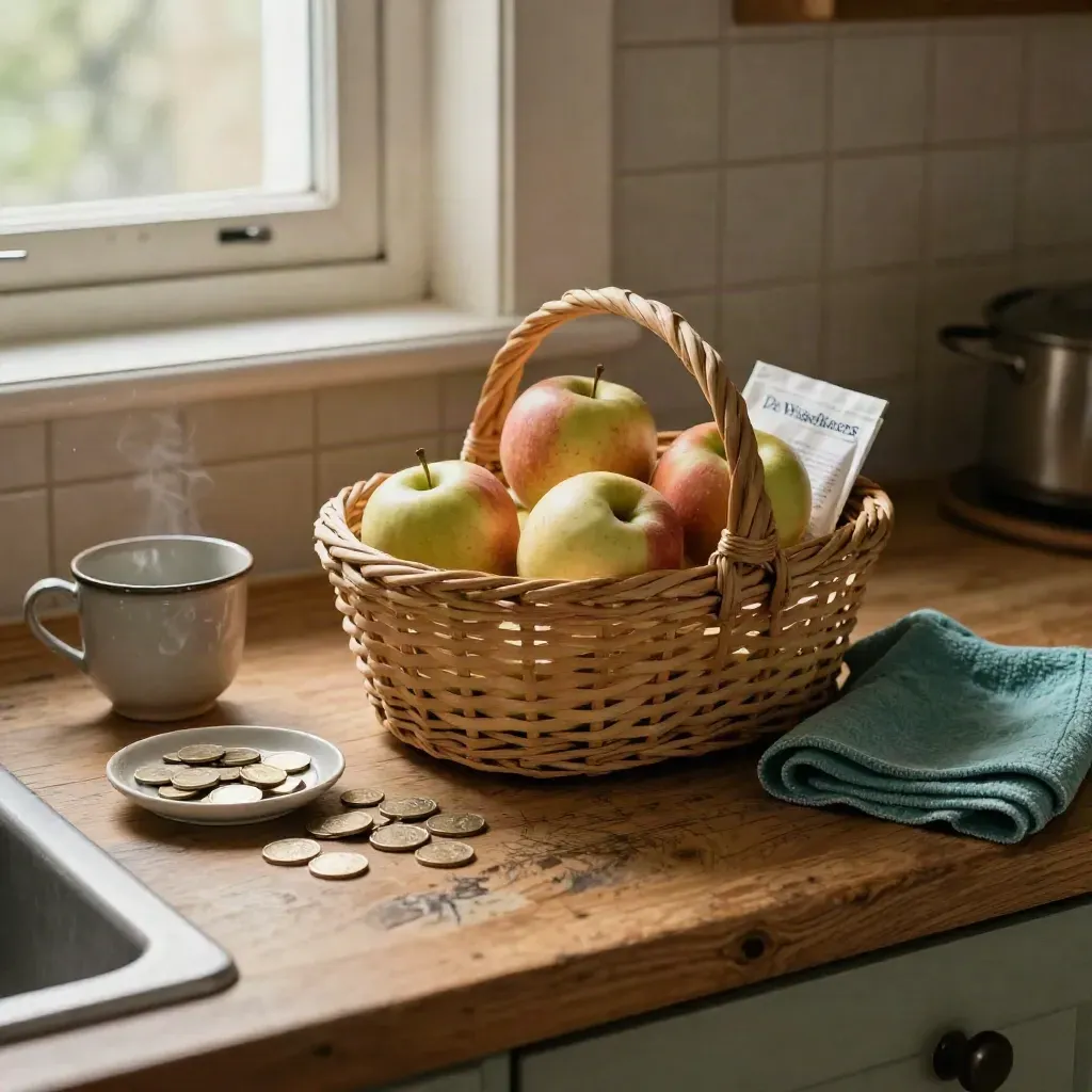 Mand met fruit, thee en Britse munten op een keukenaanrecht.