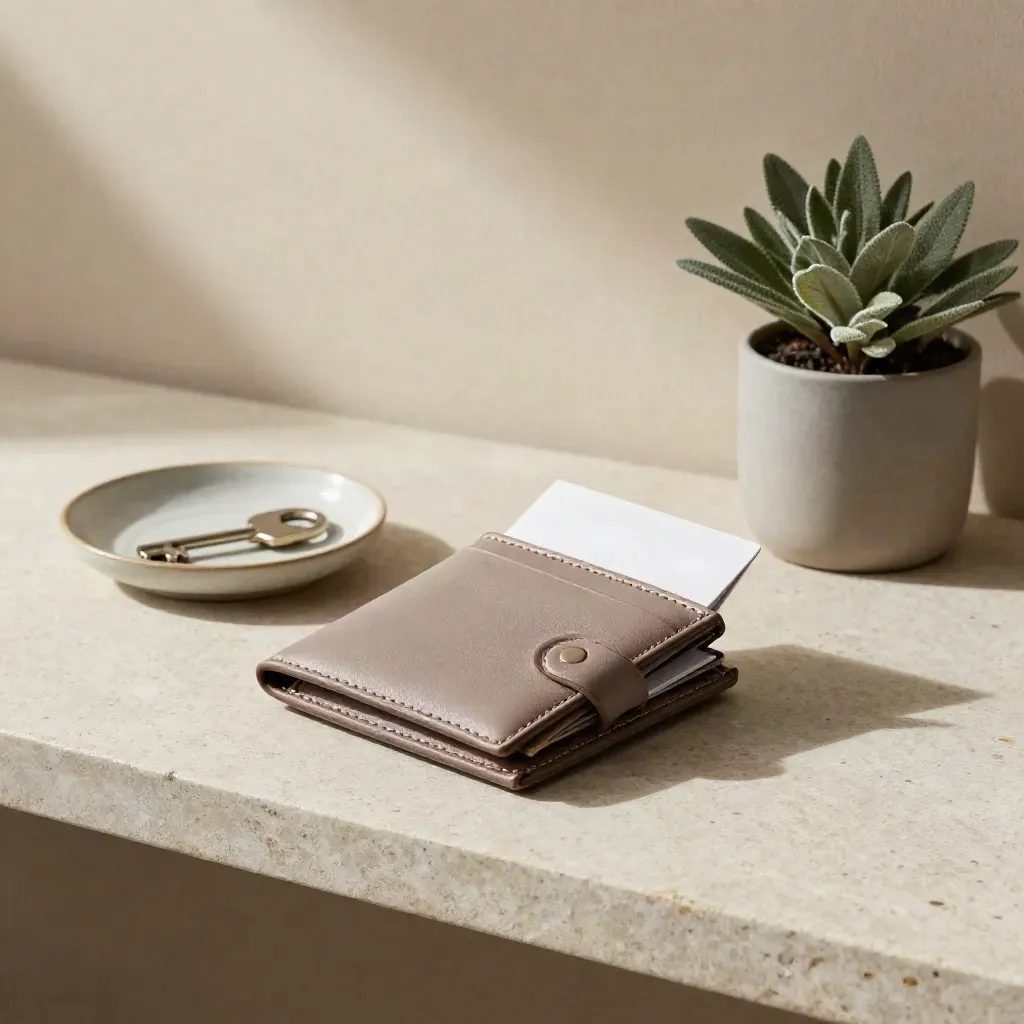 Reiswallet met kaartetui, schaaltje en plantje op stenen plank in zacht daglicht.