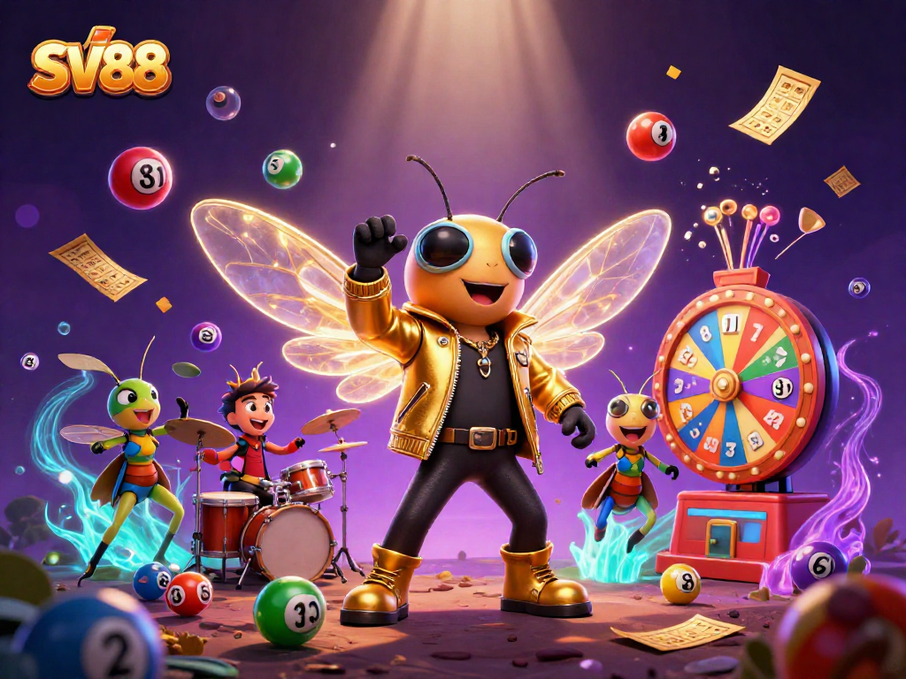 SV88 presents an exciting lottery scene featuring a cicada rock star and dynamic game elements.