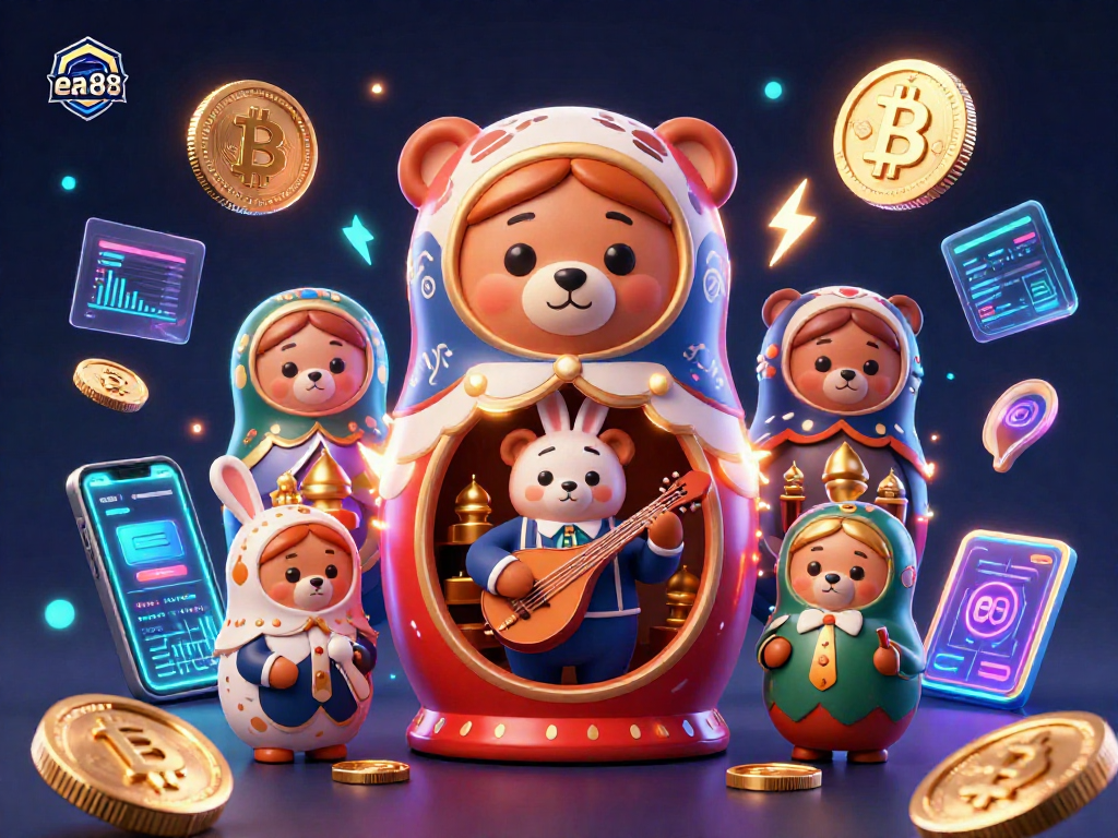 Experience the excitement of ea88 as a bear reveals smaller dealer bears in a vibrant casino scene filled with crypto elements.