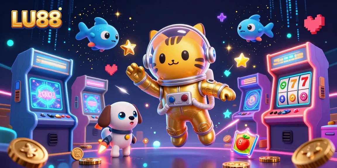 Engage with vibrant LU88 arcade experience featuring an astronaut cat and co. amidst gaming magic.