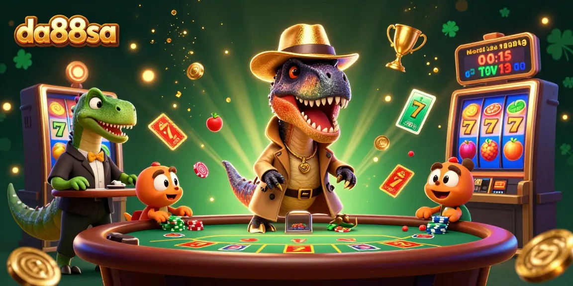 da88sa captures a thrilling scene with a velociraptor card counter and a stegosaurus pit boss at a vibrant blackjack table