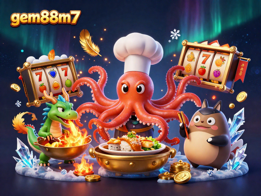 Experience thrilling wins at gem88m7 with a vibrant casino scene featuring an octopus chef and dragon companion.