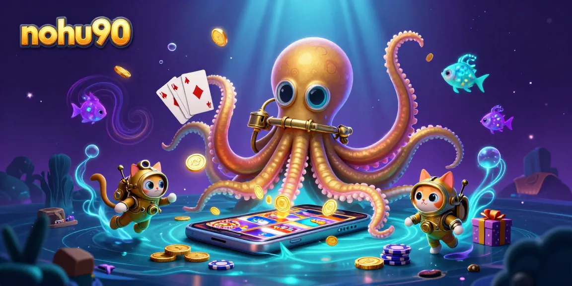 Nohu90 captivates with a vibrant depiction of kraken, diving cat, and glowing fish, celebrating casino adventures.