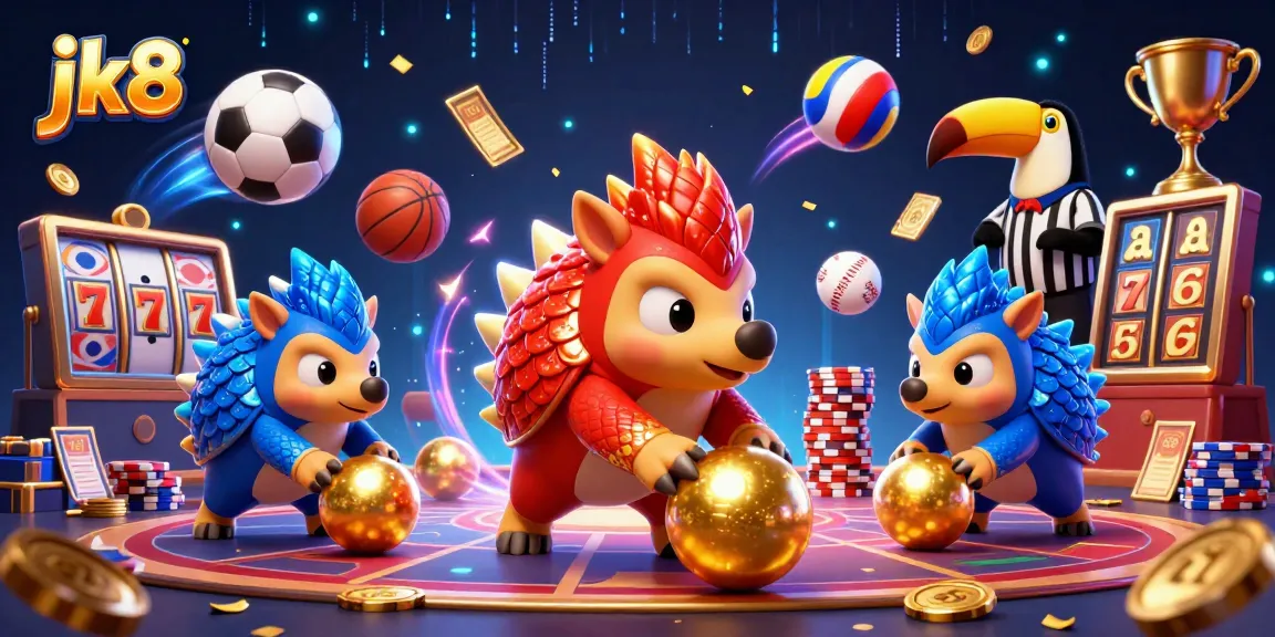 jk8's dynamic gaming scene features rival pangolins bowling golden balls through poker chips, showcasing energetic casino action.