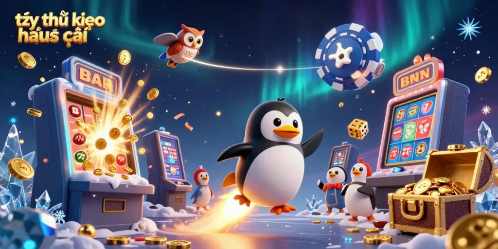 Experience the thrill of tỷ lệ kèo nhà cái with a golden penguin soaring toward a casino space station.
