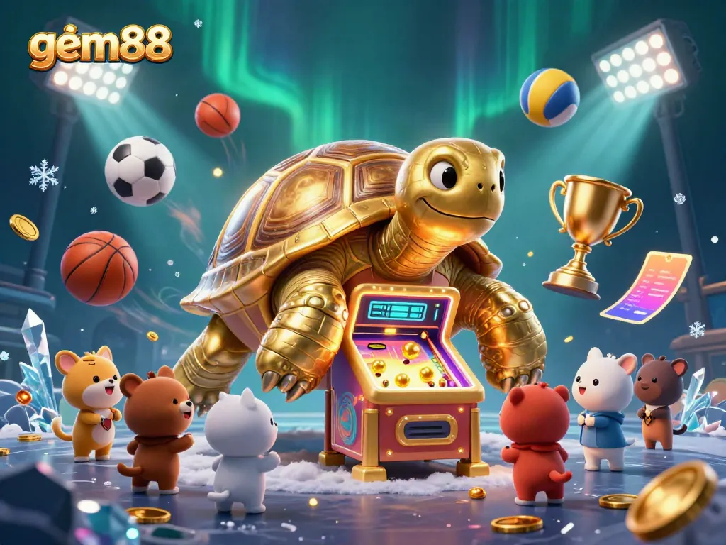Experience thrilling gameplay at gem88 with a golden tortoise pinball machine, lively sports elements, and vibrant casino atmosphere.