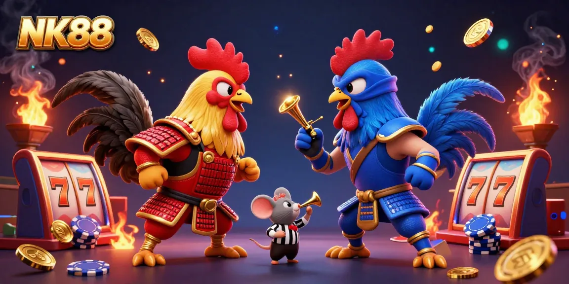 Engage in thrilling action at NK88 with battling roosters, colorful casino elements, and dynamic interactions.