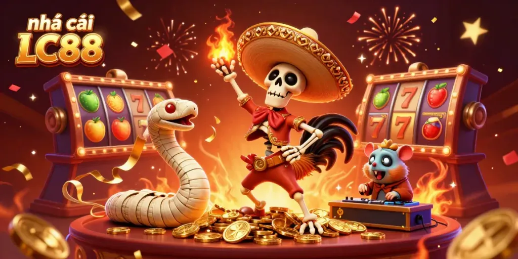 Experience the fun at nhà cái LC88 with vibrant characters celebrating amidst golden coins and dynamic slot elements.