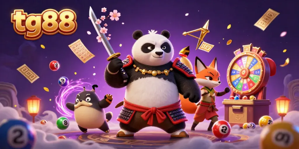 Experience the excitement of tg88 with a dynamic scene featuring a samurai panda, ninja fox, and magical tanuki.