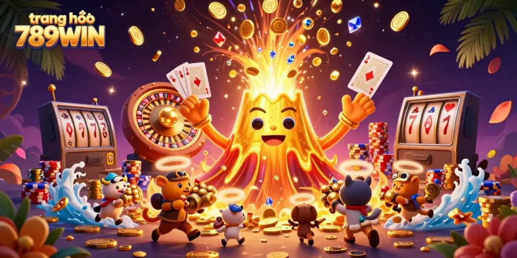 Experience excitement at trang chủ 789WIN with a treasure-filled scene featuring a golden volcano and vibrant casino elements.