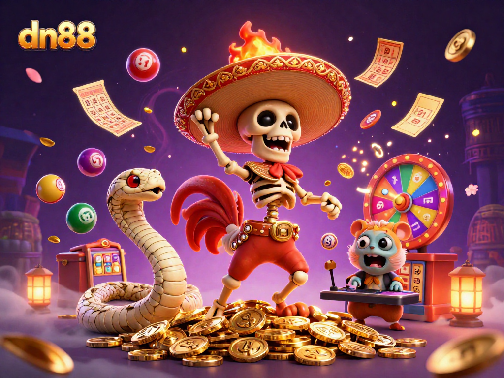 Experience the excitement at dn88 with a festive casino-themed illustration featuring a victorious skeleton mariachi and gold.