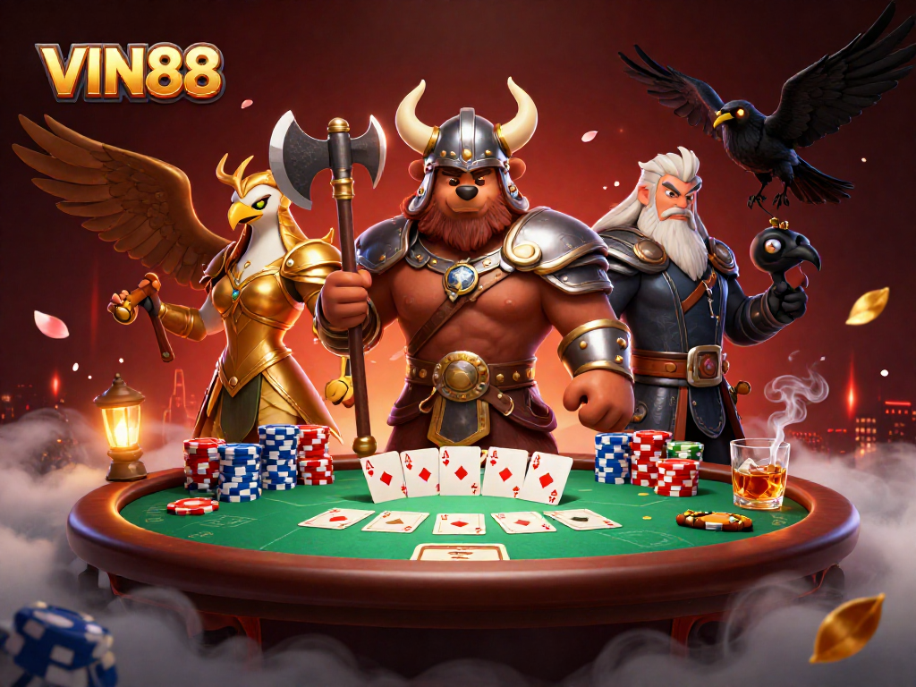 Experience thrilling poker action with VIN88 in this vibrant 3D casino illustration.