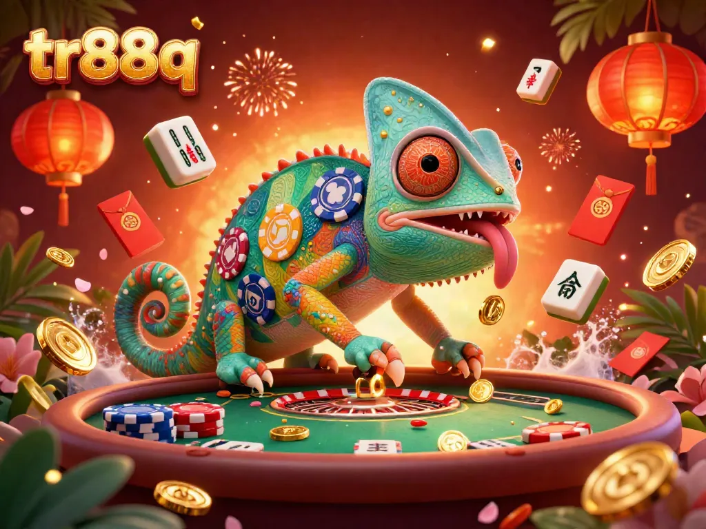 Engage in exciting gameplay at tr88q with vibrant 3D animated chameleon surrounded by casino elements.