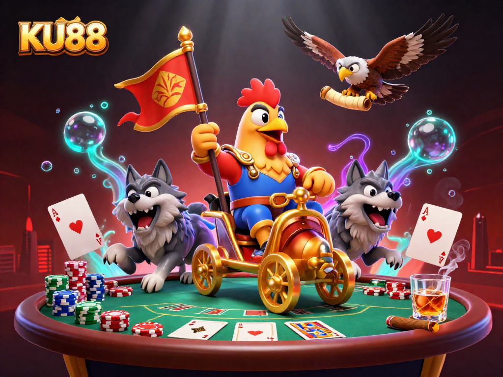 Join the adventure with KU88 as a rooster warlord commands a dynamic poker scene!