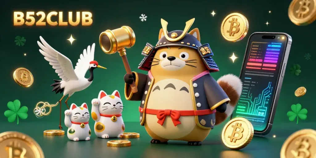 Play and win at B52CLUB with our vibrant casino-themed illustration featuring playful characters and crypto elements.