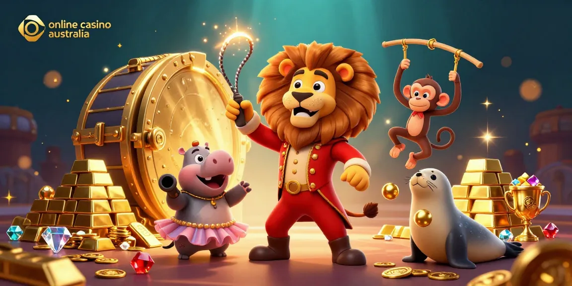 Engage with vibrant games at an online casino Australia featuring lively circus characters and dazzling treasures.