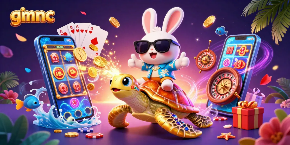 Join the fun with gmnc as a lucky rabbit cheers while riding a golden turtle amidst vibrant casino elements.