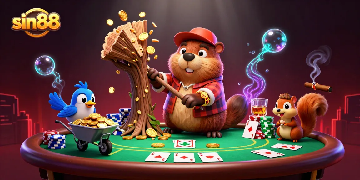 sin88 celebrates winning moments with a cartoon beaver and friends amidst poker chips and coins.