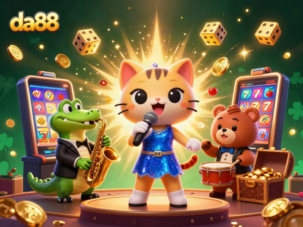 Spin jackpots at da88 with a vibrant 3D casino scene featuring singing cat, saxophonist crocodile, and drummer bear.