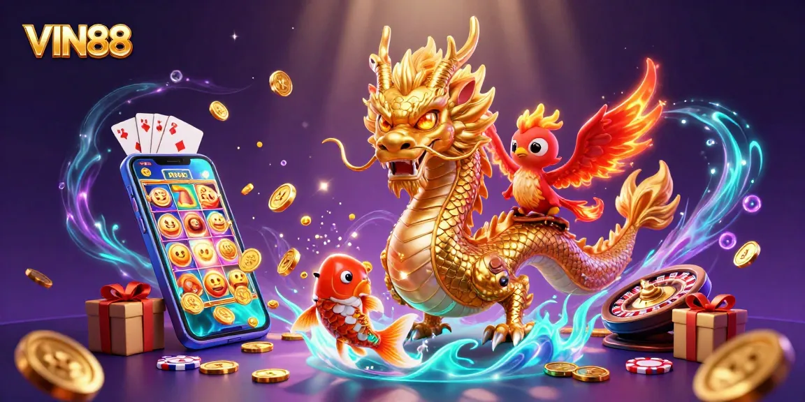 Engaging illustration of VIN88 featuring a golden dragon, phoenix, and koi fish amidst gambling elements.